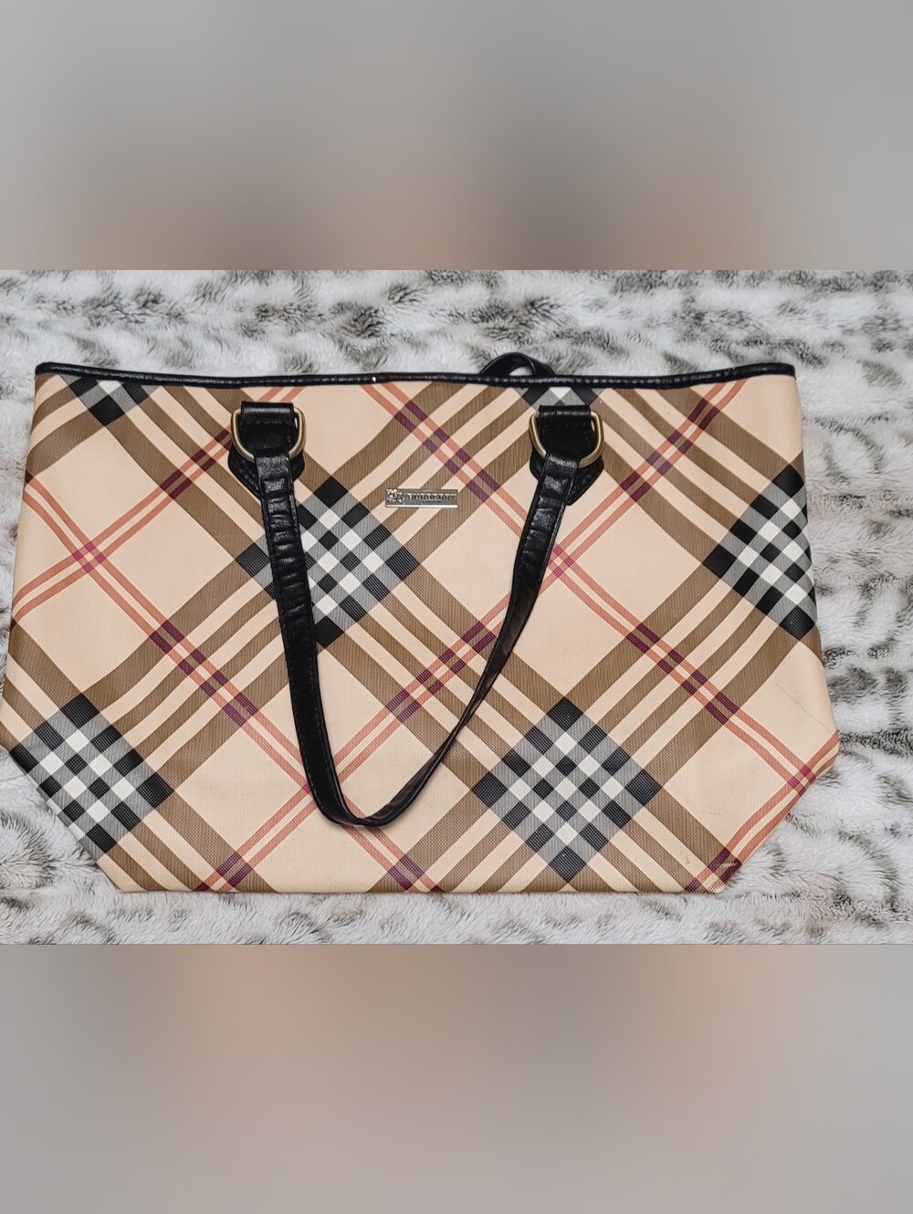 Plaid Fashion Tote Bag with Black Trim - Classic Neutral